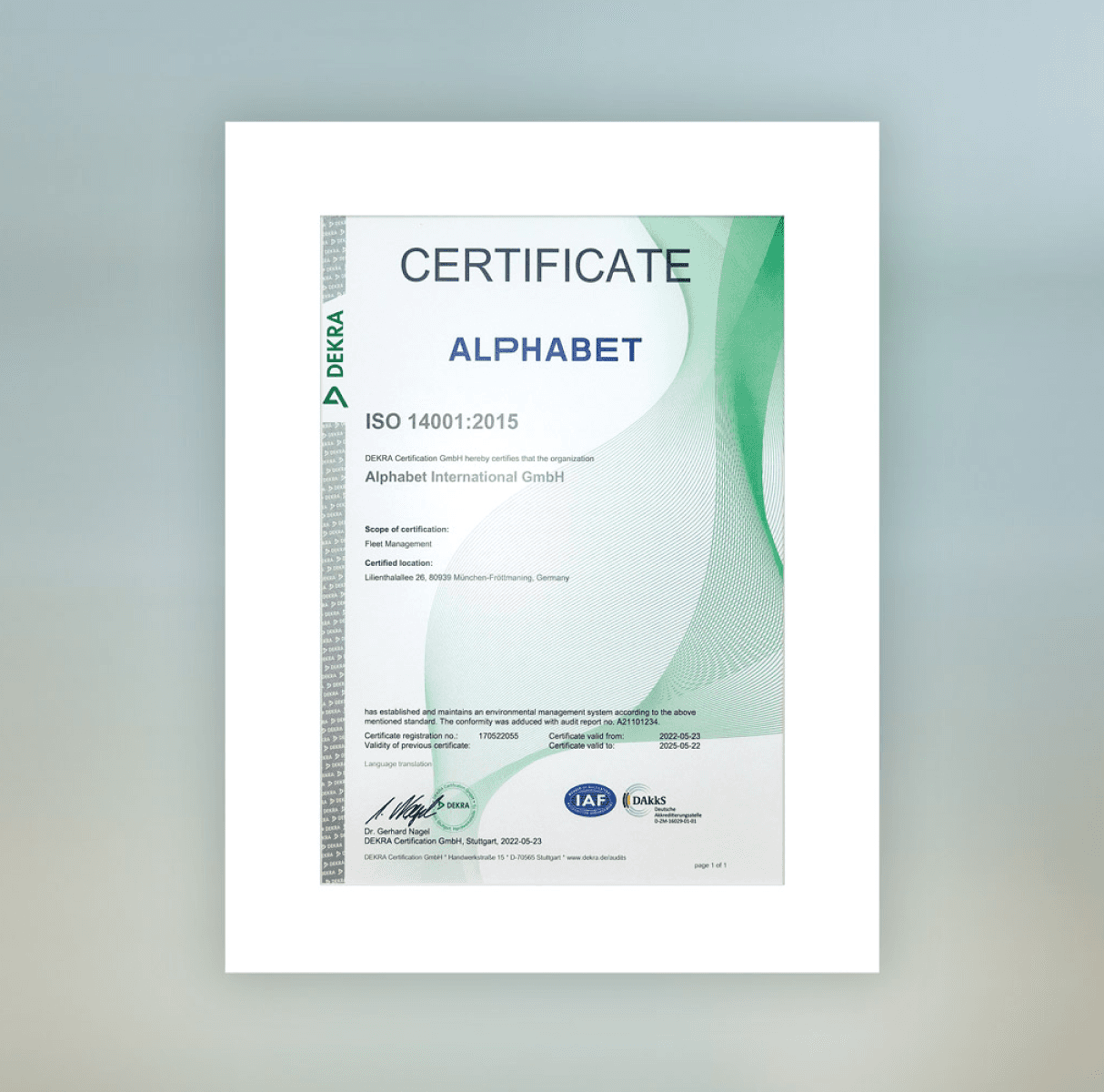 Alphabet Certificate of an environmental management system ISO 14001