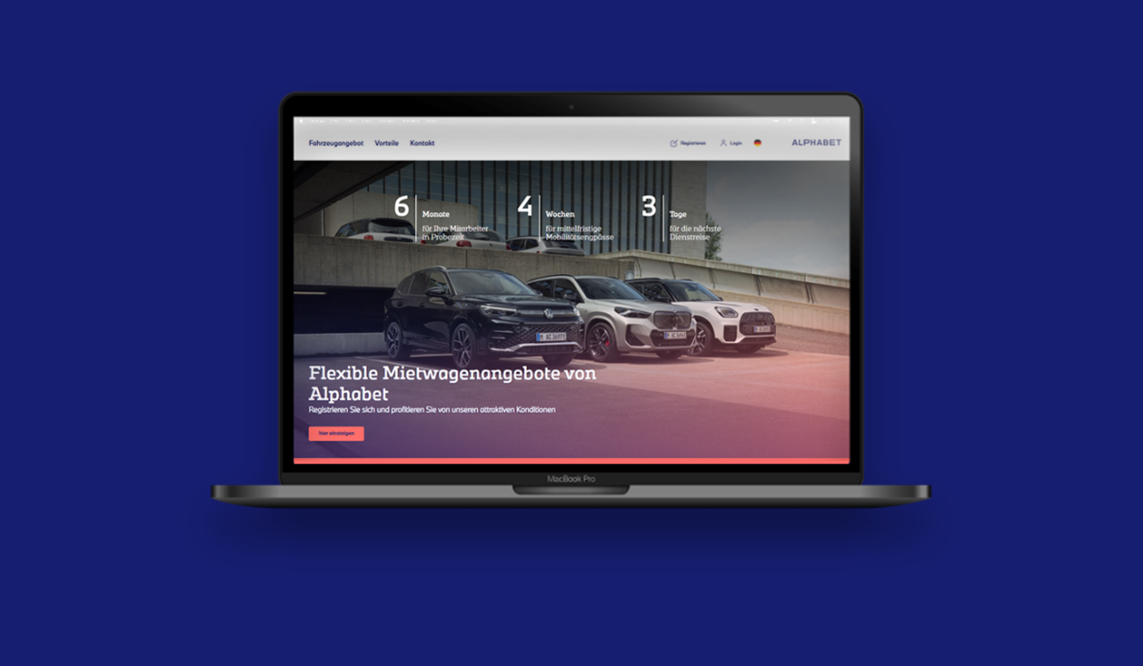 Laptopbildschirm mit einem Mockup zum Thema Mietwagenlösungen 