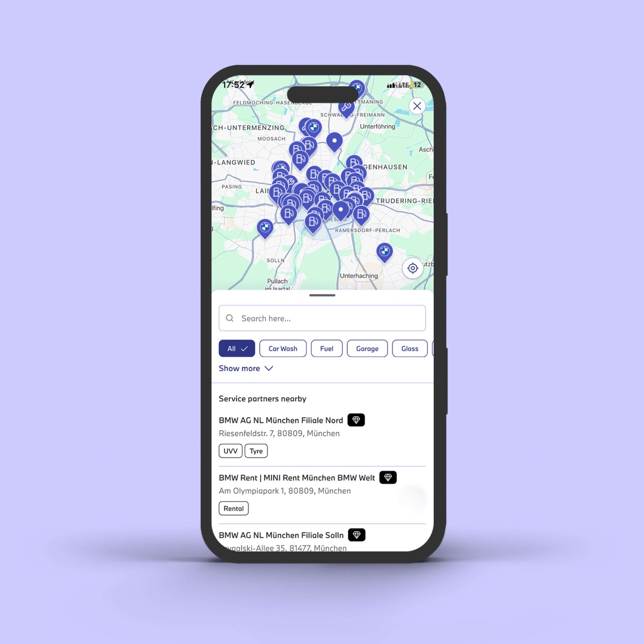 Smartphone screen showing the Alphabet app partner search feature with nearby service locations.
