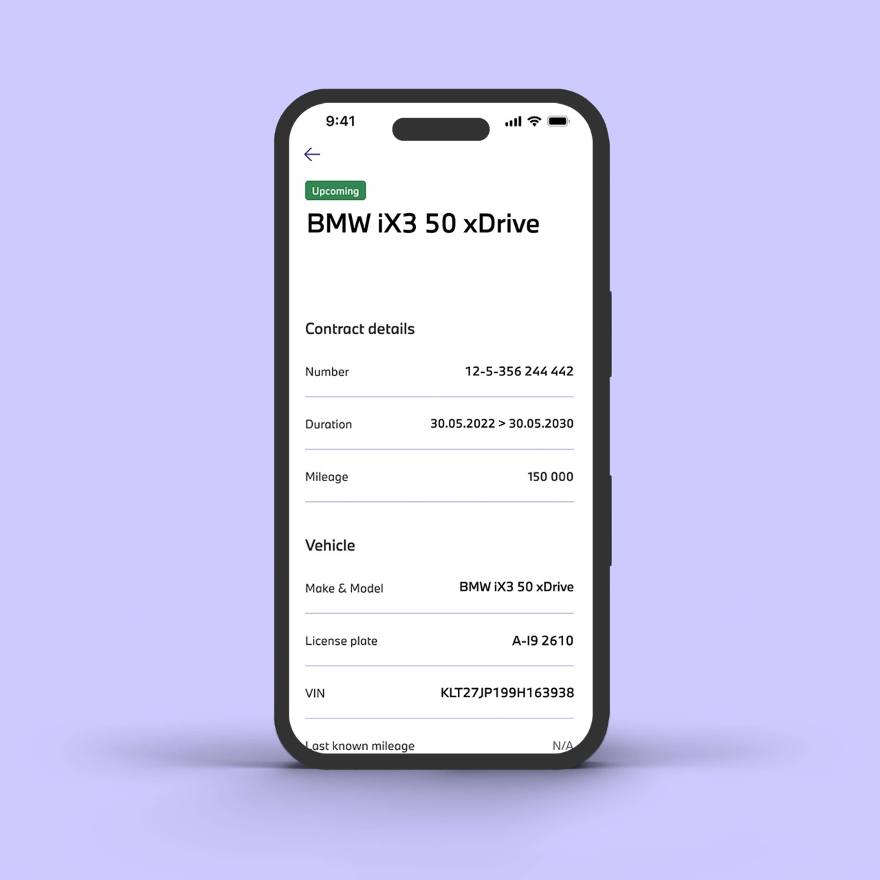 Alphabet app screen displaying vehicle contract details, mileage allowance, and vehicle information.