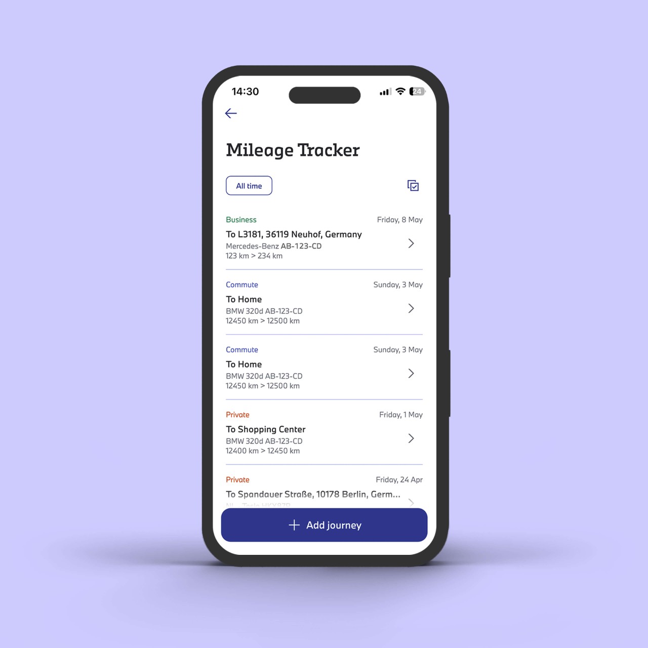 Alphabet app screen displaying a mileage tracker with recorded journeys and mileage entries.