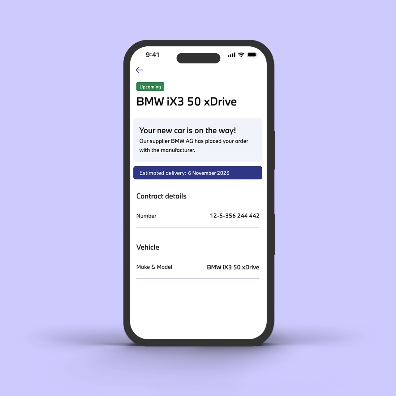 Alphabet app screen displaying vehicle order details and an estimated delivery date
