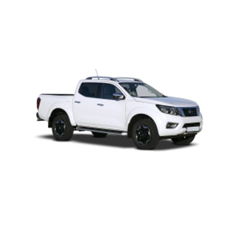 Side shot of a white pick-up truck on a white background
