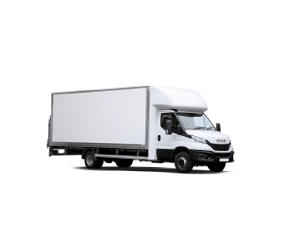 Side shot of a box truck on a white background