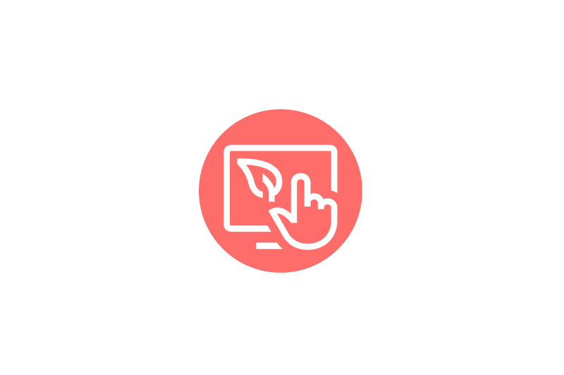 Red circular icon featuring a hand touching a leaf symbol.