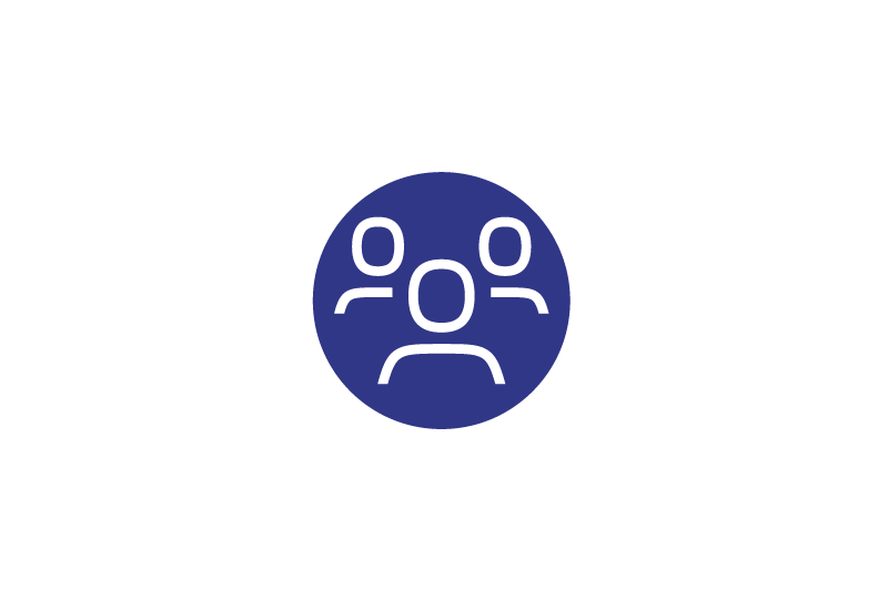 Blue circular icon featuring three connected people.