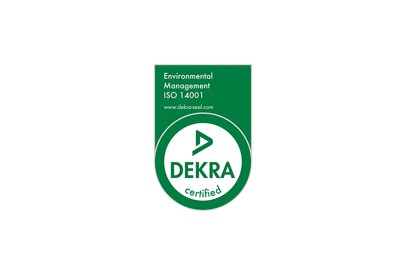 Green DEKRA Certified badge for an Environmental Management System compliant with ISO 14001.