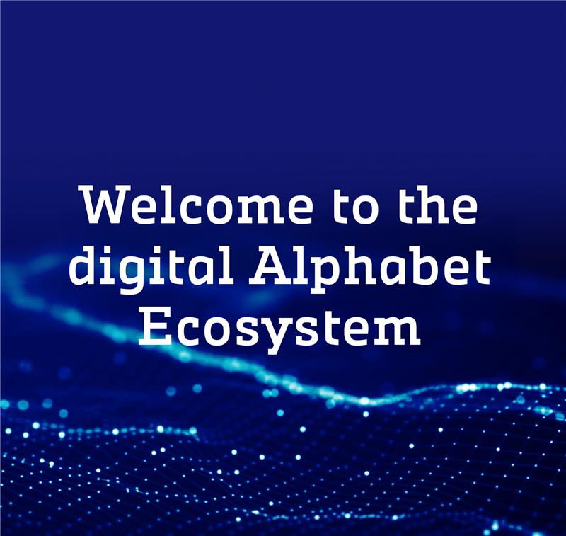 Welcome to the digital Alphabet Ecosystem message displayed over a blue, digital network background.