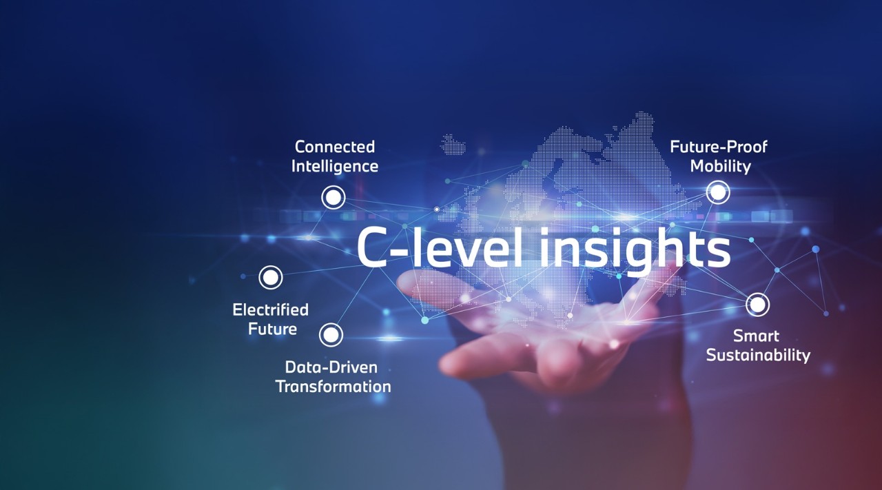 Visualization of executive insights from Alphabet, focusing on key topics such as connected intelligence, electrified future, data-driven transformation, future-proof mobility, and smart sustainability, represented by a digital network above an open hand.