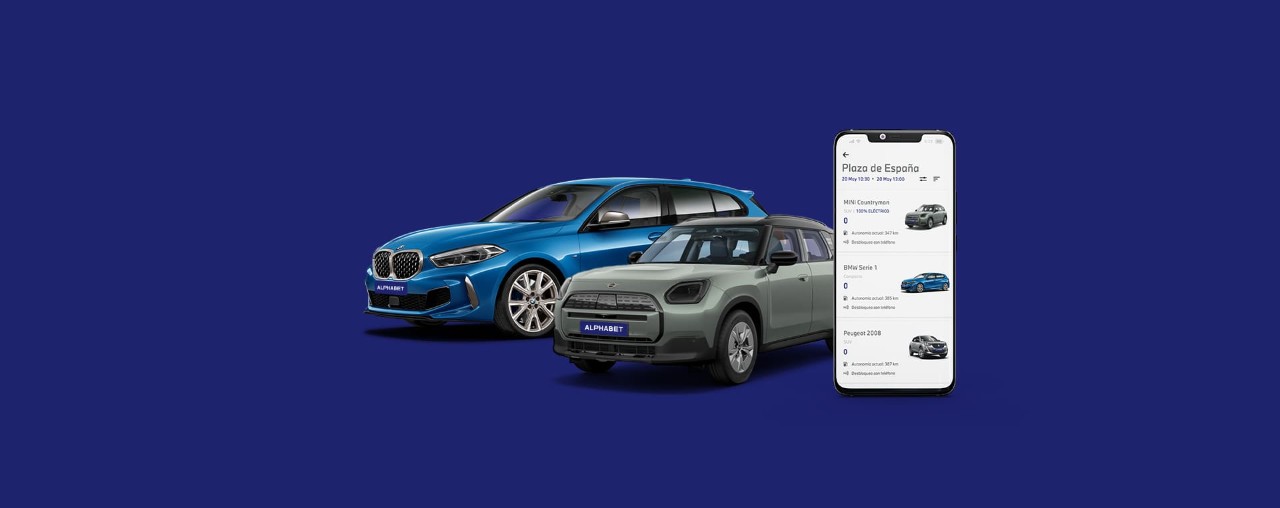 dos coches y un movil con fondo azul