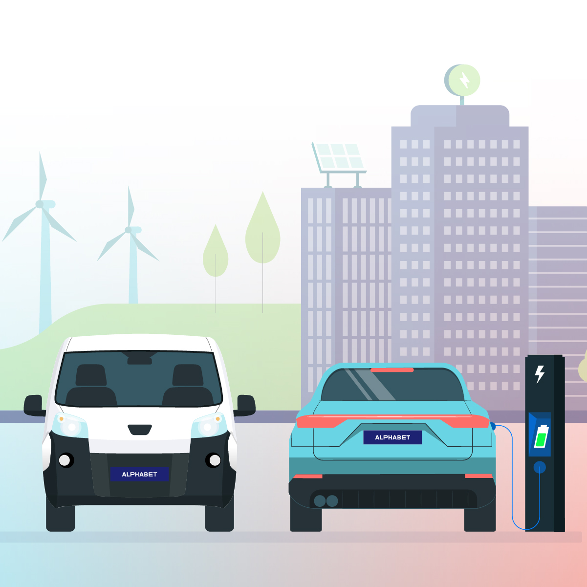 ilustracion de coche azul cargandose  electricamente