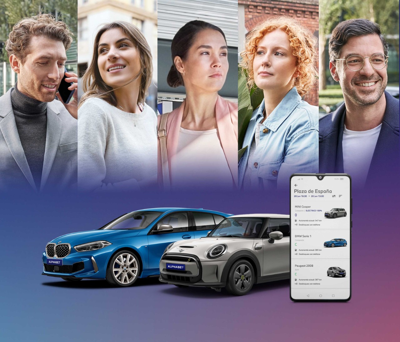 collage de  diferentes personas un coche y un movil