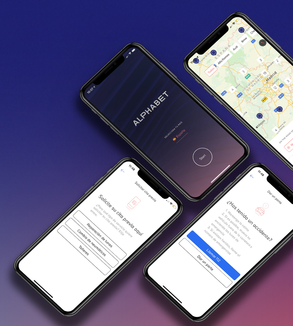 moviles con la pantalla encendidad y fondo morado #aplicación Alphabet App