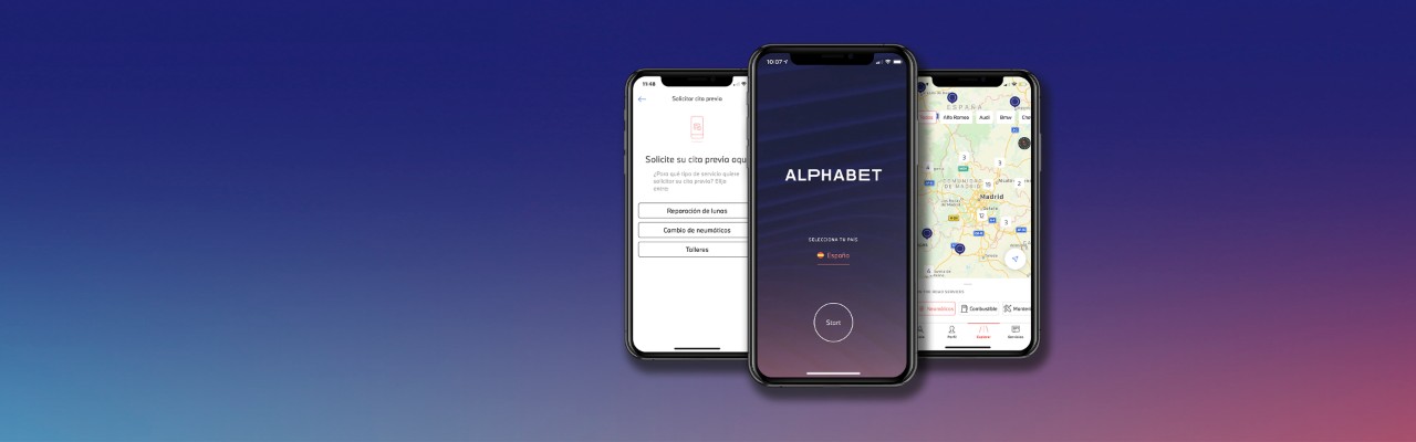 Header Alphabet App tres moviles con la pantalla encendida y fondo morado