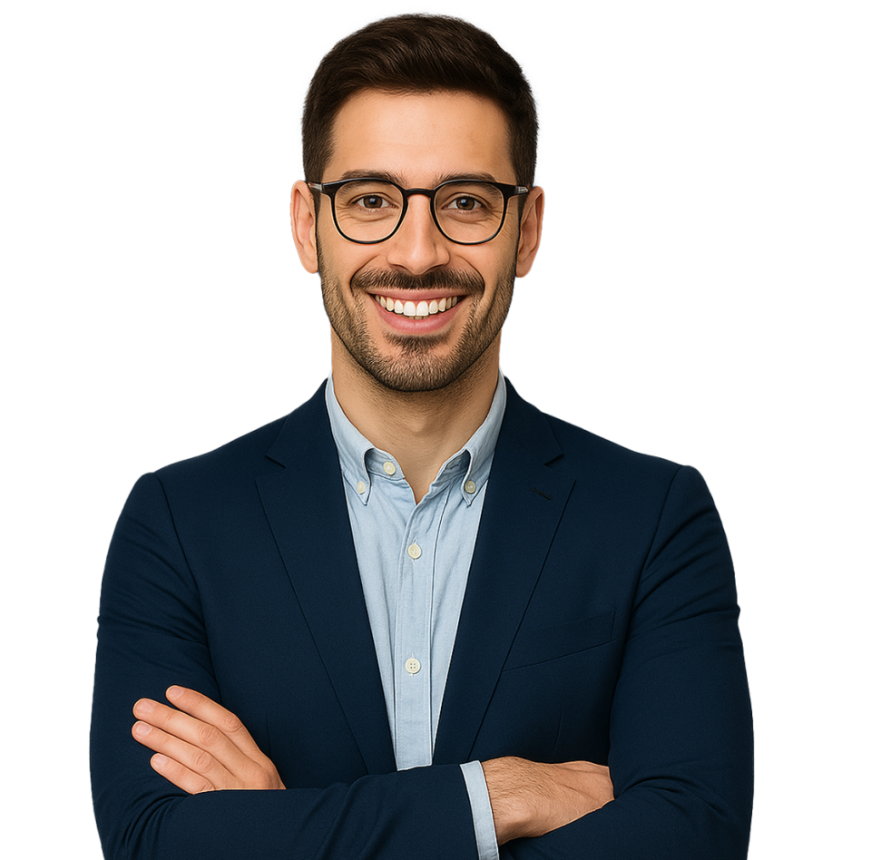 chico con gafas y la mirada al frente sonriendo