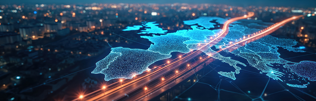 Global trucking business transformation illustration. Digitalized map of Europe with transportation routes for freight logistic business. Fleet management optimization tech online shipment tracing
