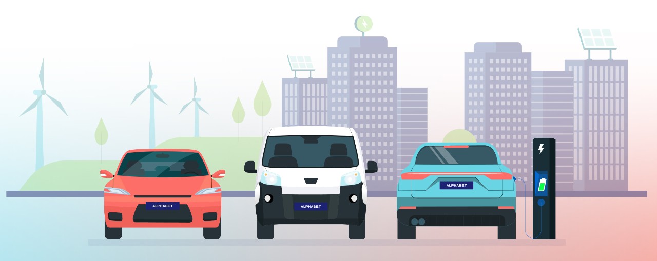 ~ai-590f2525-a09d-4955-933e-9333fa800b91_ Tres coches de dibujos animados uno al lado del otro en una zona para carga electrica.