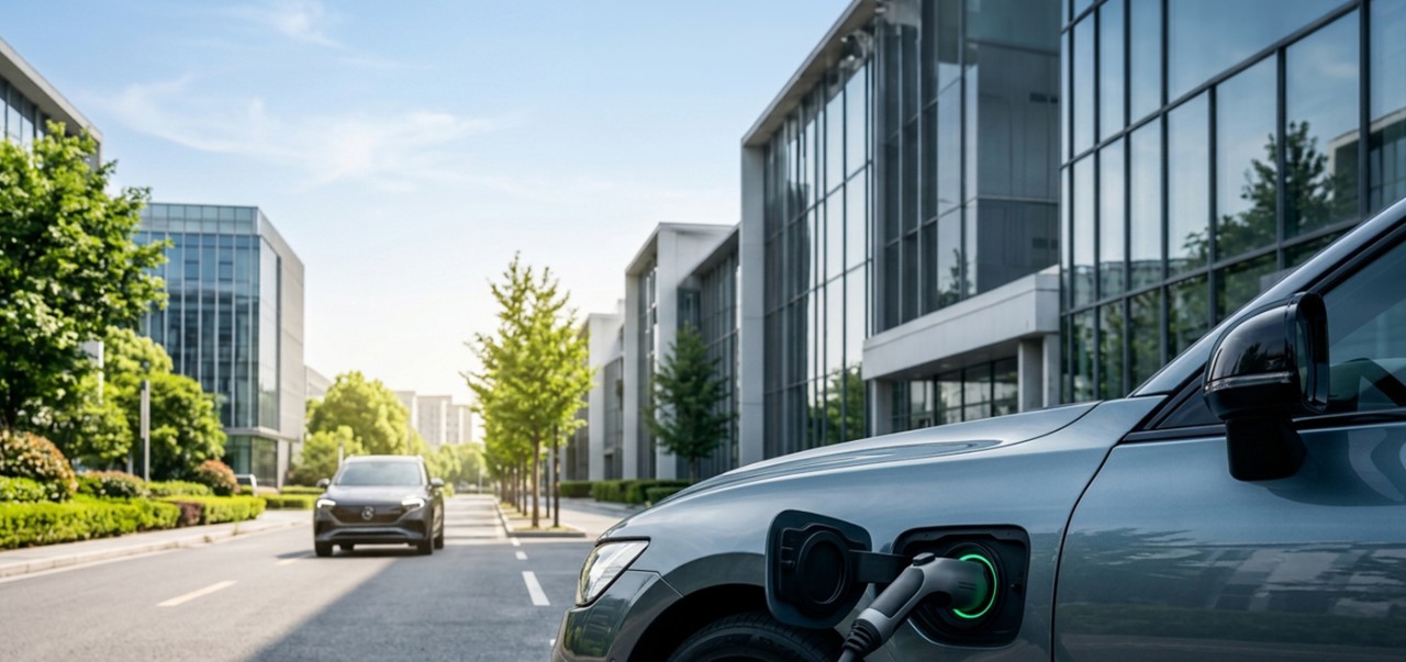 Electric vehicle charging outside modern office buildings