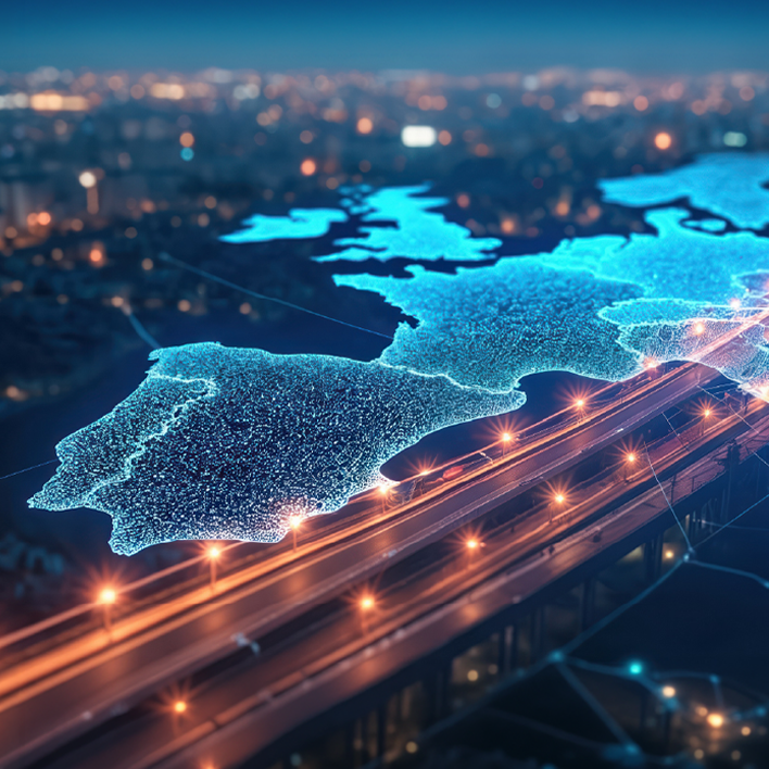 Mapa digital estilizado de España y Europa conectado por una autovía iluminada, símbolo de movilidad, conectividad y transformación