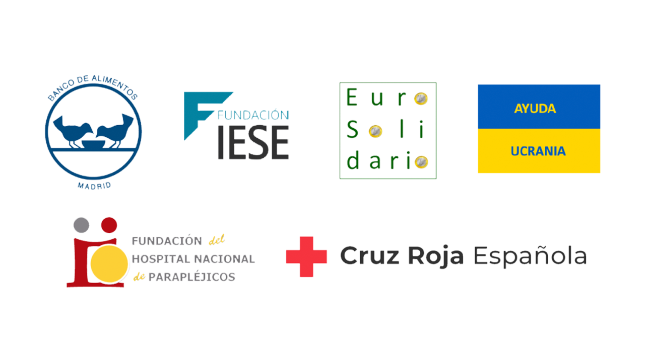Logos de eurosolidario, cruz roja española, ayuda ucraniana, fundacion hospital nacional paraplejicos, fundacion IESE, ayuda ucraniana y el banco de laimentos.