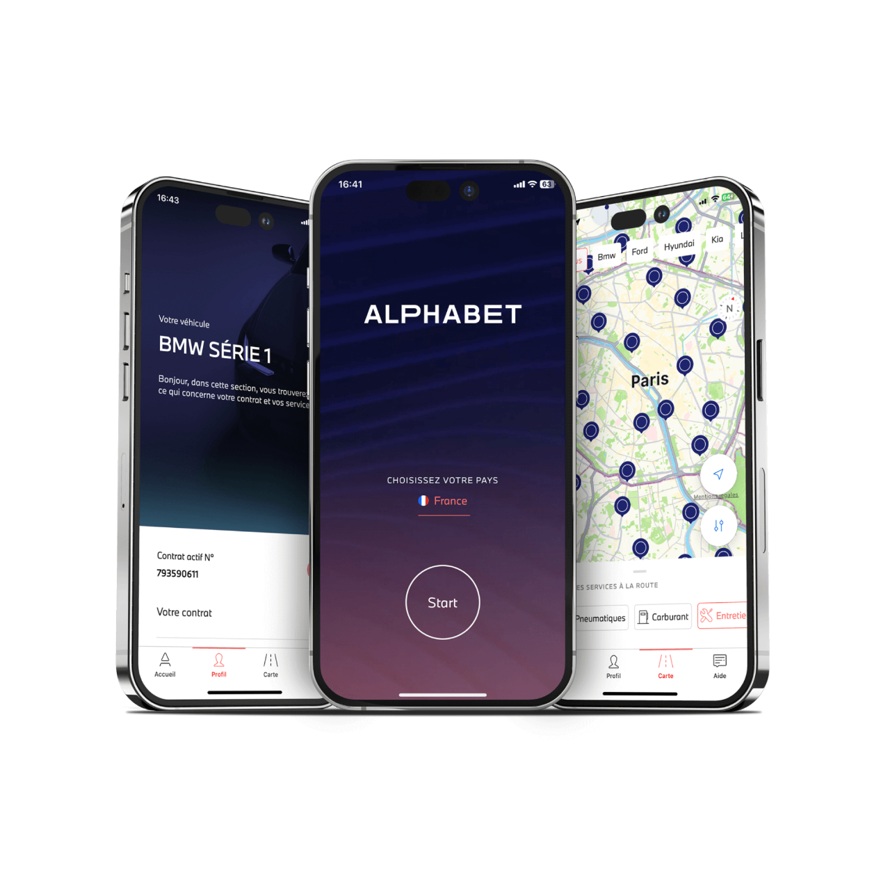 Visuels d'écran mobile présentant l'application Alphabet