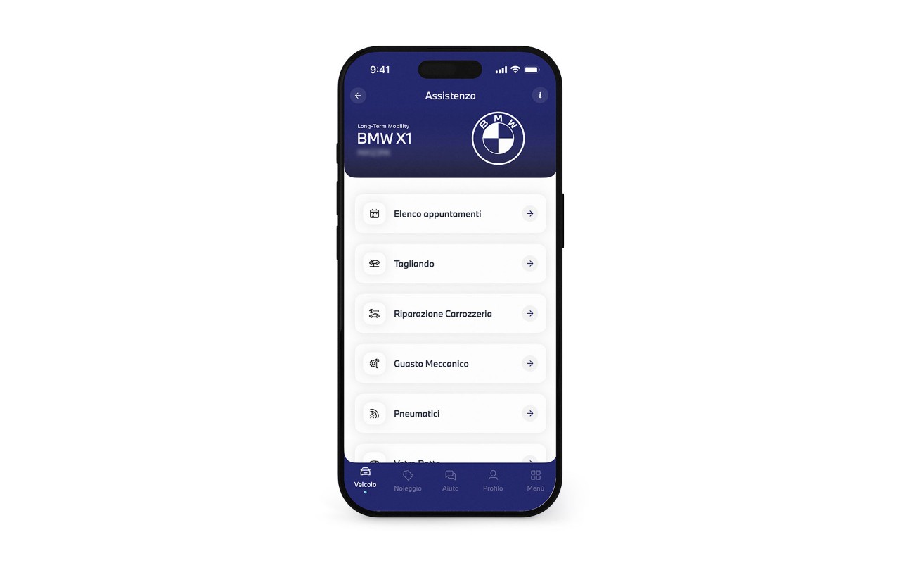 Schermata dell’app Alphabet Mobility Services che consente di indicare e selezionare i danni del veicolo in caso di sinistro, scegliendo le diverse viste del veicolo per una segnalazione precisa e guidata.