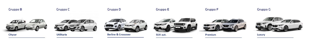 Panoramica dei gruppi di vetture Alphabet Rent disponibili per il noleggio a lungo termine, organizzate per categoria e tipologia di veicolo.