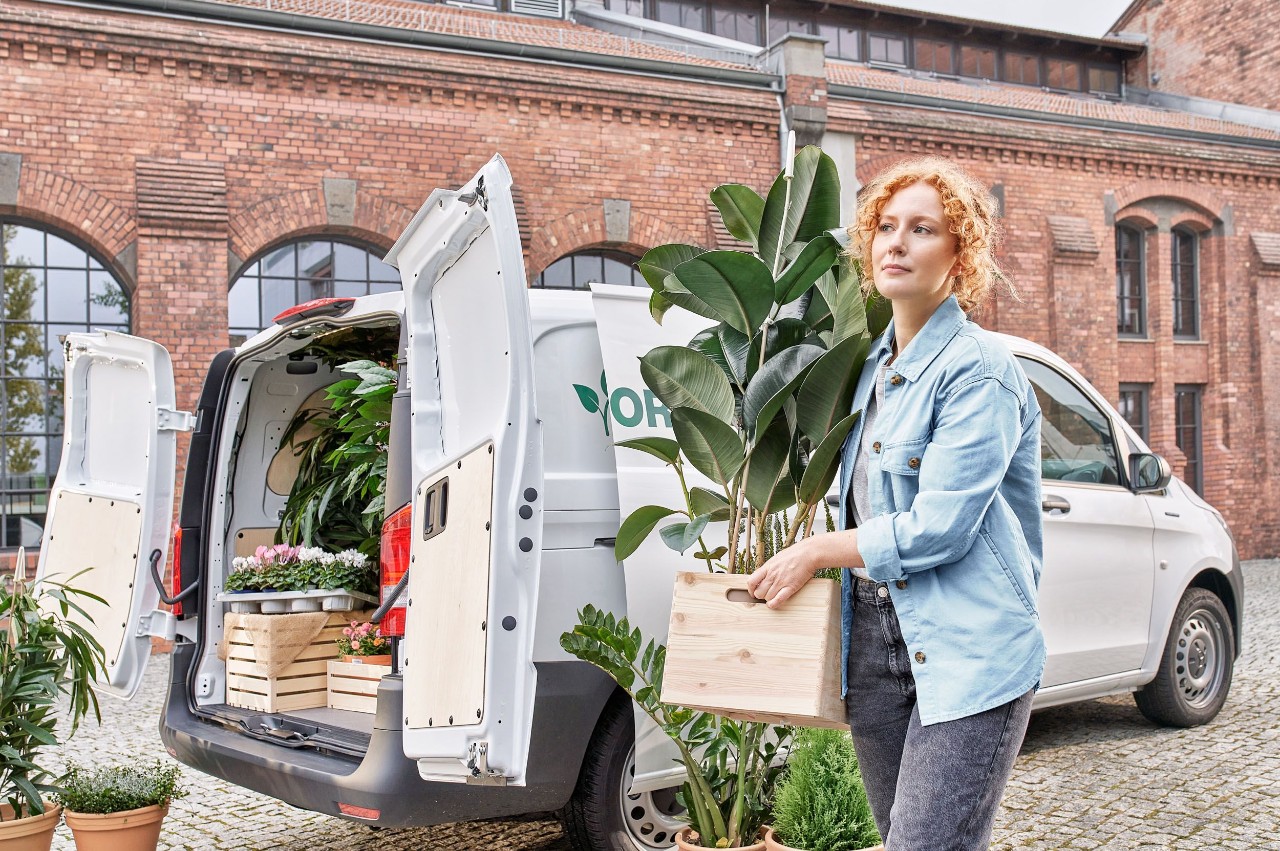 Vrouw met een bedrijfswagen op de achtegrond houdt plant in haar hand.