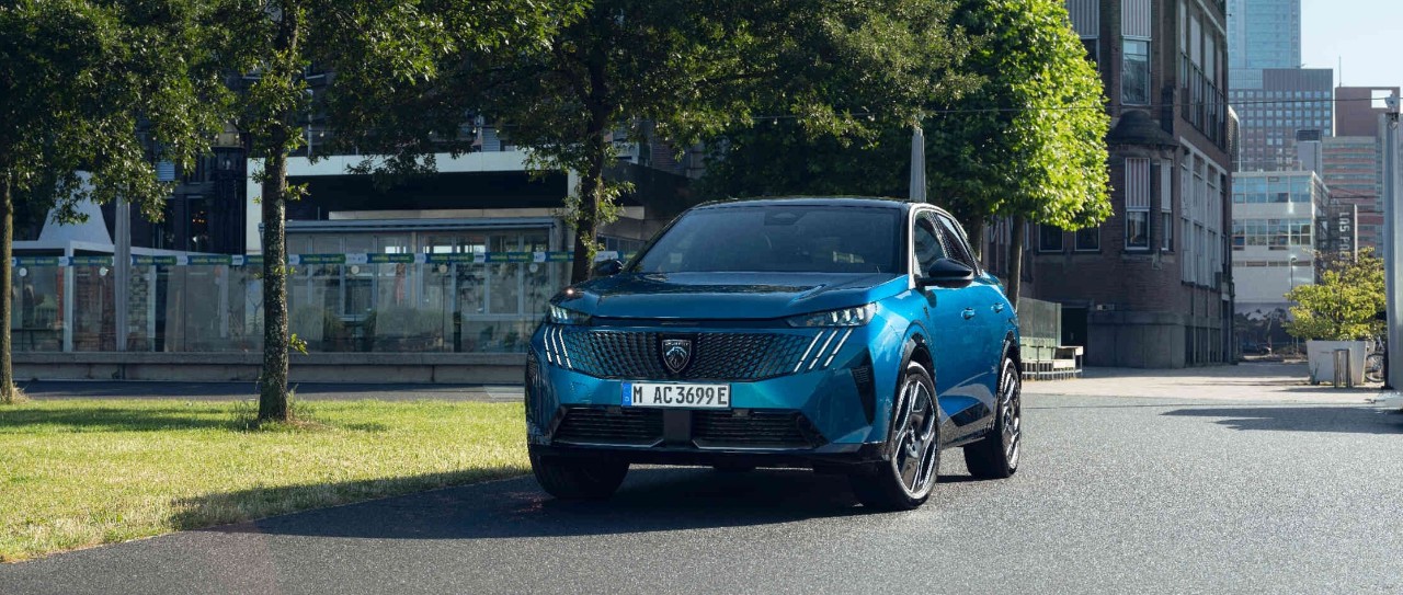 Vooraanzicht van een blauwe Peugeot, geparkeerd in een stedelijke omgeving met een park.