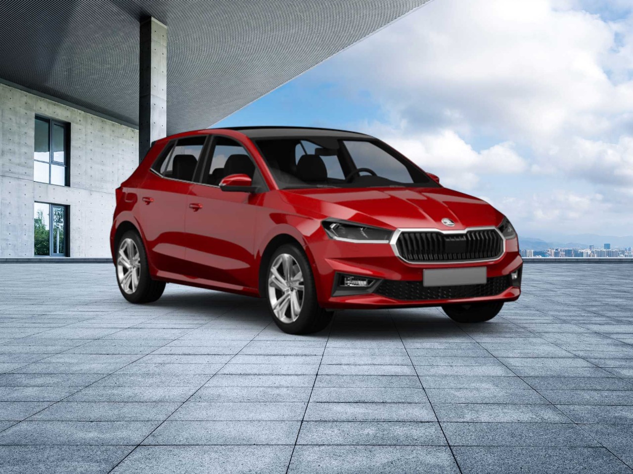 Een rode Skoda Fabia