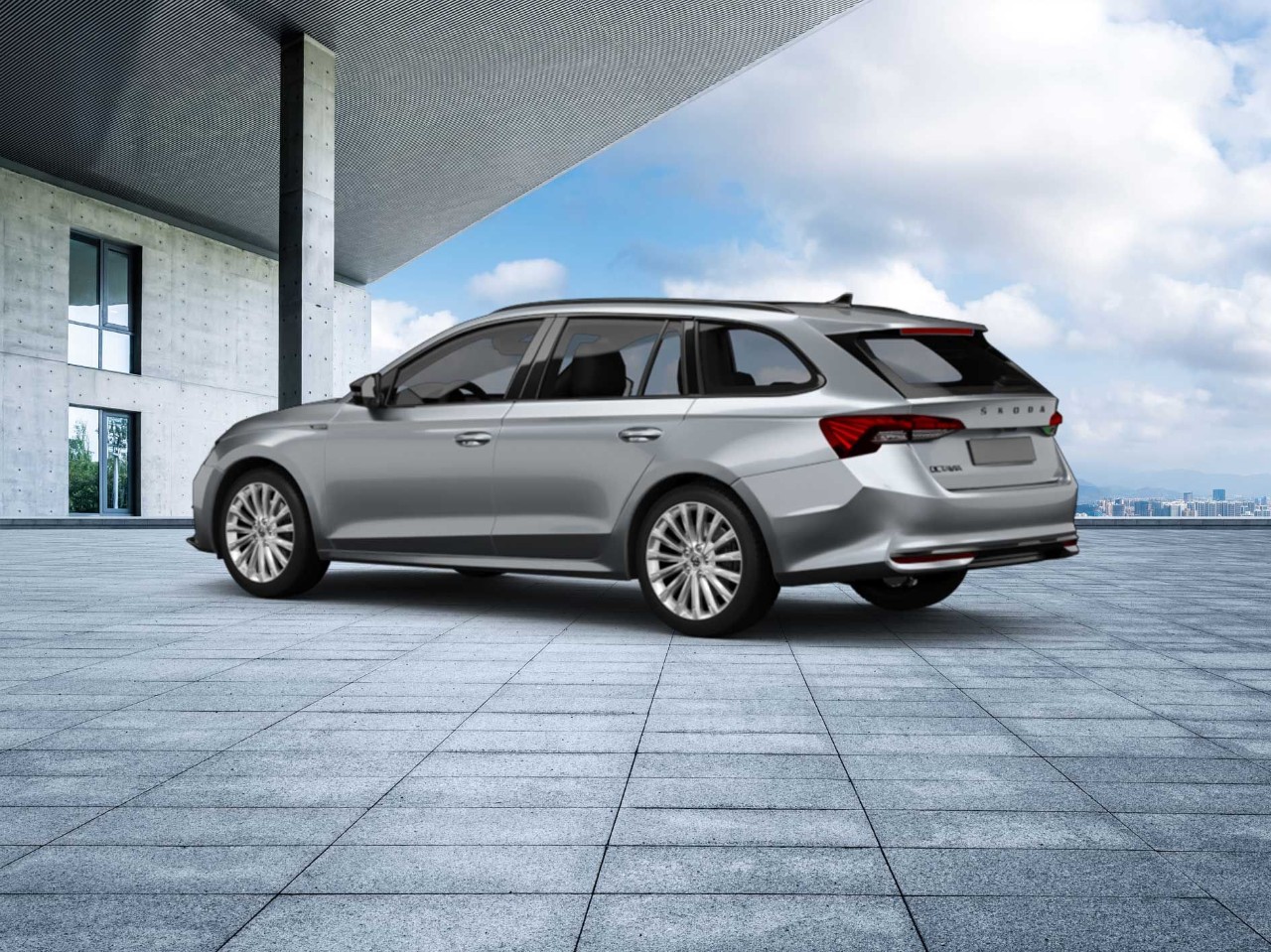 Een grijze Skoda Octavia